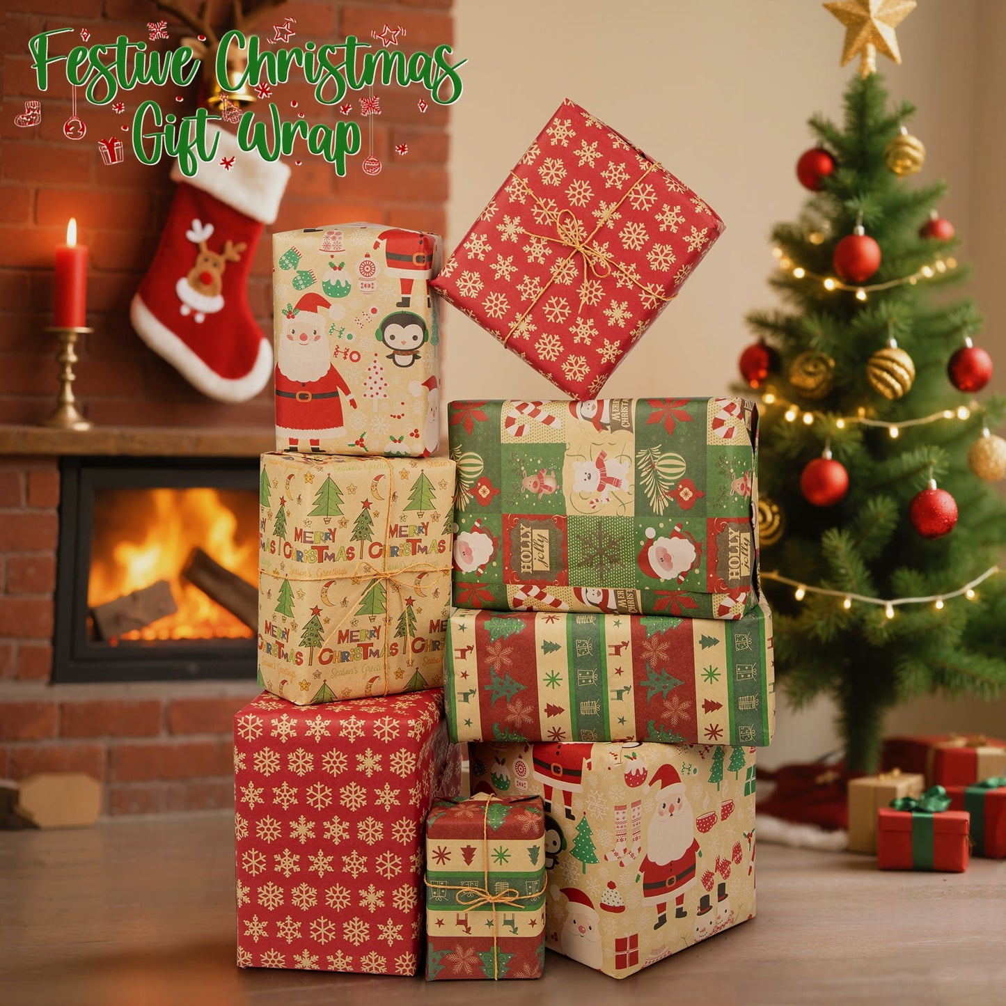 Zsiparty Christmas Wrapping Paper Rolls, 5 Rolls Gift Wrapping Supplies with Santa Claus, Snowflake, Christmas Tree Patterns Design, 17 x 120 inches