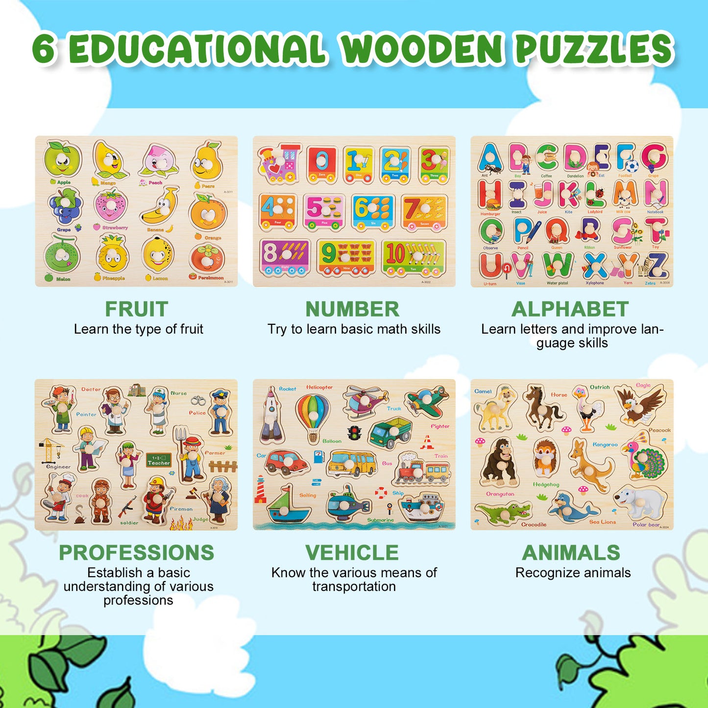 Zsiparty Wooden Peg Puzzles for Kids, 11.8 X 8.9 inch Preschool Puzzles Set for Toddlers Ages 1-3, 6 Pack Learning Toys Gifts Boys Girls