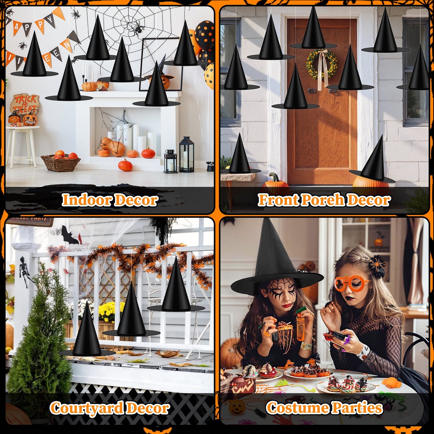 Zsiparty Halloween Black Witch Hats for Home Party Yard, 12 Pcs 15 inch Witch Hats with 328 ft Rope Hanging Halloween Decorations for Adults and Kids