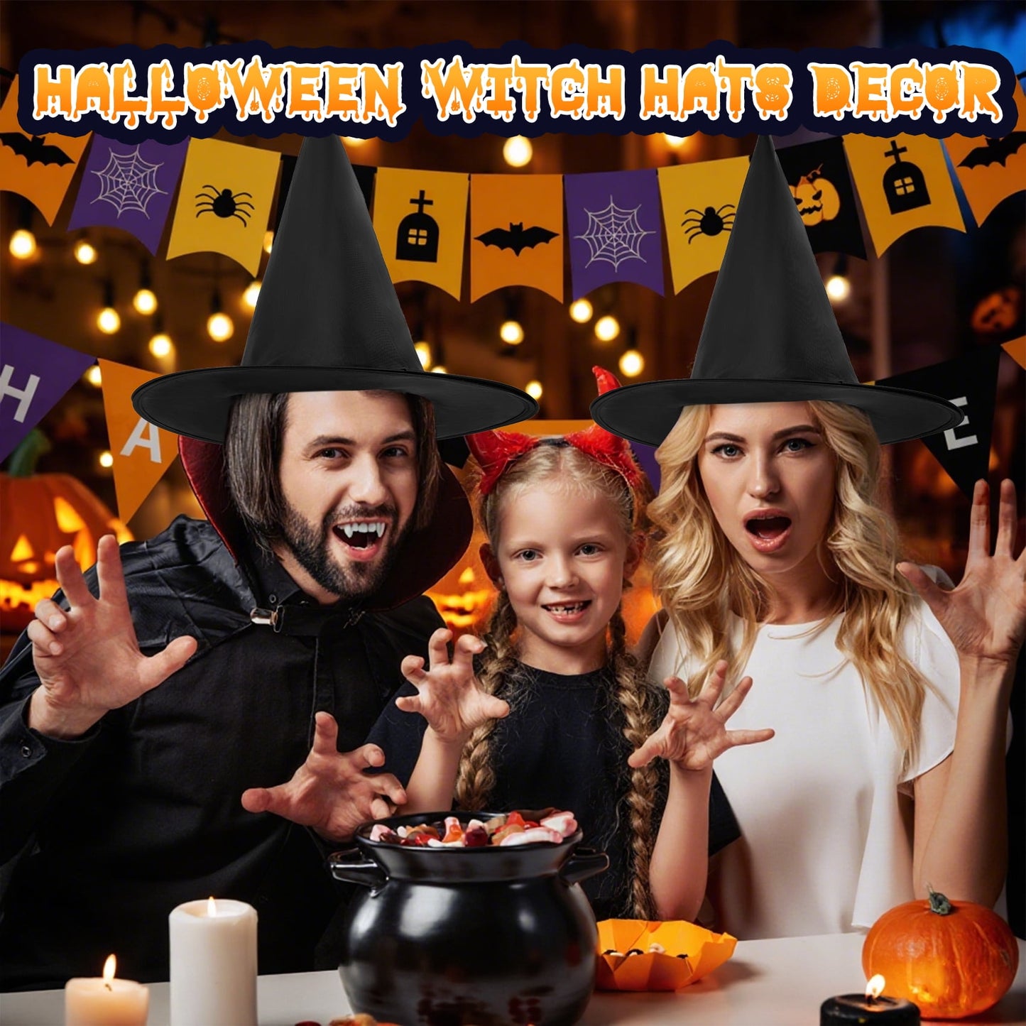 Zsiparty Halloween Black Witch Hats for Home Party Yard, 12 Pcs 15 inch Witch Hats with 328 ft Rope Hanging Halloween Decorations for Adults and Kids