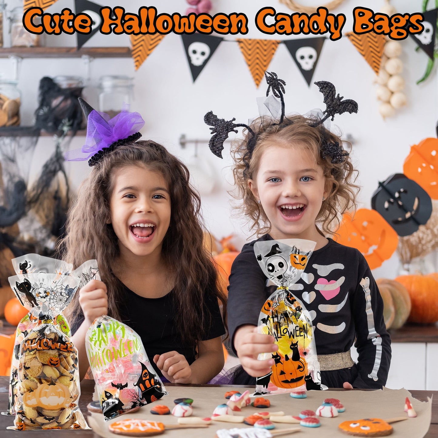 Zsiparty 200 Pcs Halloween Treat Bags, Clear Halloween Cellophane Gift Candy Bags with 220 Pcs Twist Ties for Halloween Party Favors Supplies