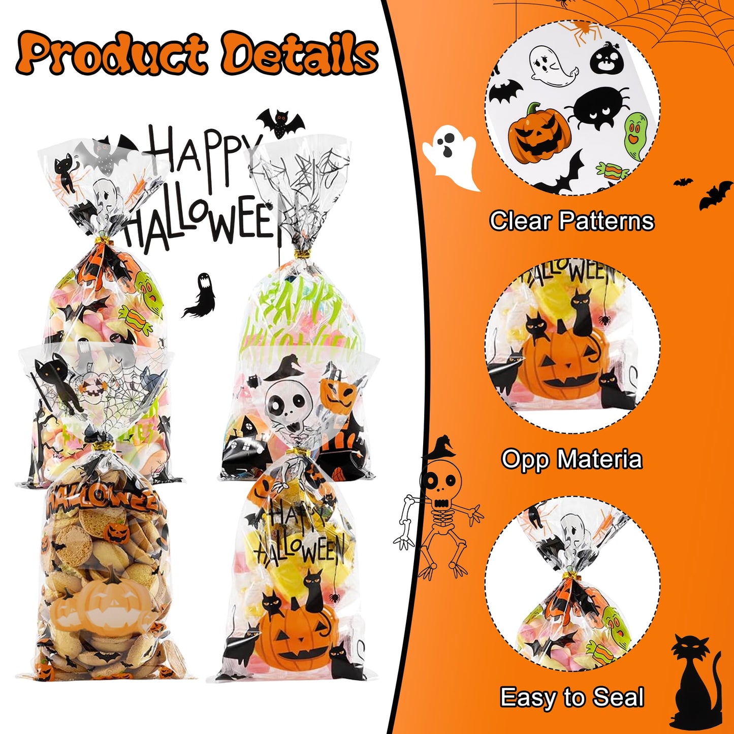 Zsiparty 200 Pcs Halloween Treat Bags, Clear Halloween Cellophane Gift Candy Bags with 220 Pcs Twist Ties for Halloween Party Favors Supplies