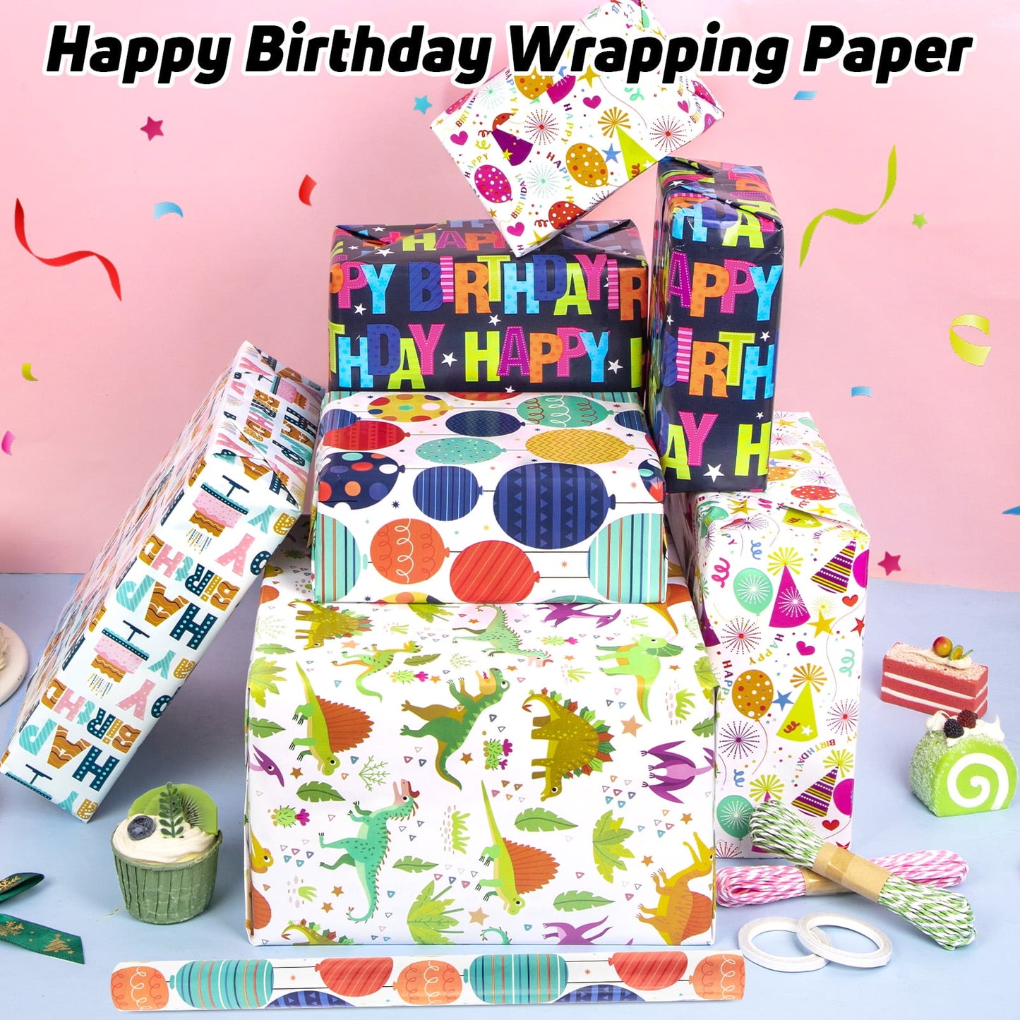 Zsiparty Birthday Wrapping Paper Rolls, 5 Rolls Gift Wrapping Supplies with Happy Birthday, Balloons, Cake, Dinosaur, Hat Pattern Design, 17 x 120 inches