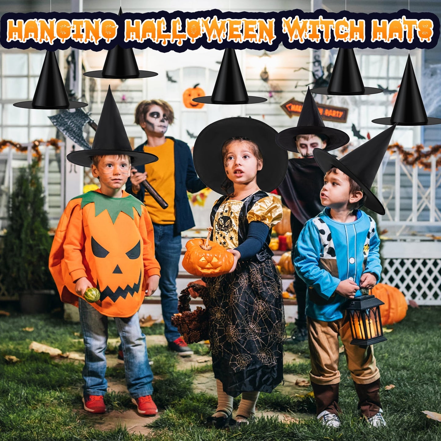 Zsiparty Halloween Black Witch Hats for Home Party Yard, 12 Pcs 15 inch Witch Hats with 328 ft Rope Hanging Halloween Decorations for Adults and Kids