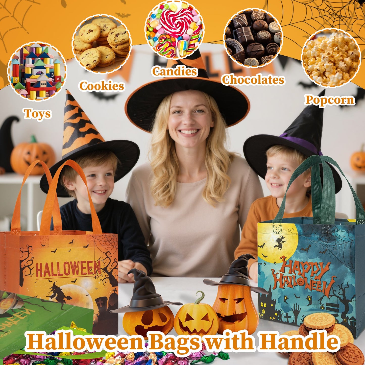 Zsiparty 12 Pcs Halloween Trick or Treat Bags, Gift Bags with Handles Reusable Non-Woven Goodie Candy Bags for Halloween Party Favors Supplies (8.3×5.9×7.9’’)