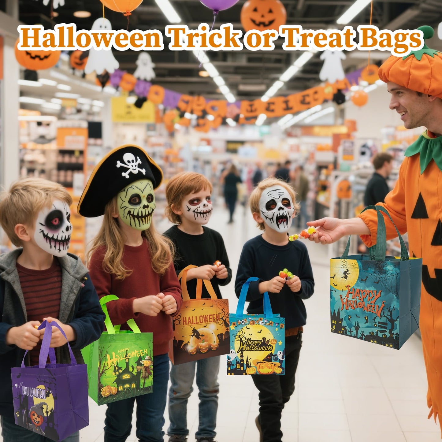 Zsiparty 12 Pcs Halloween Trick or Treat Bags, Gift Bags with Handles Reusable Non-Woven Goodie Candy Bags for Halloween Party Favors Supplies (8.3×5.9×7.9’’)