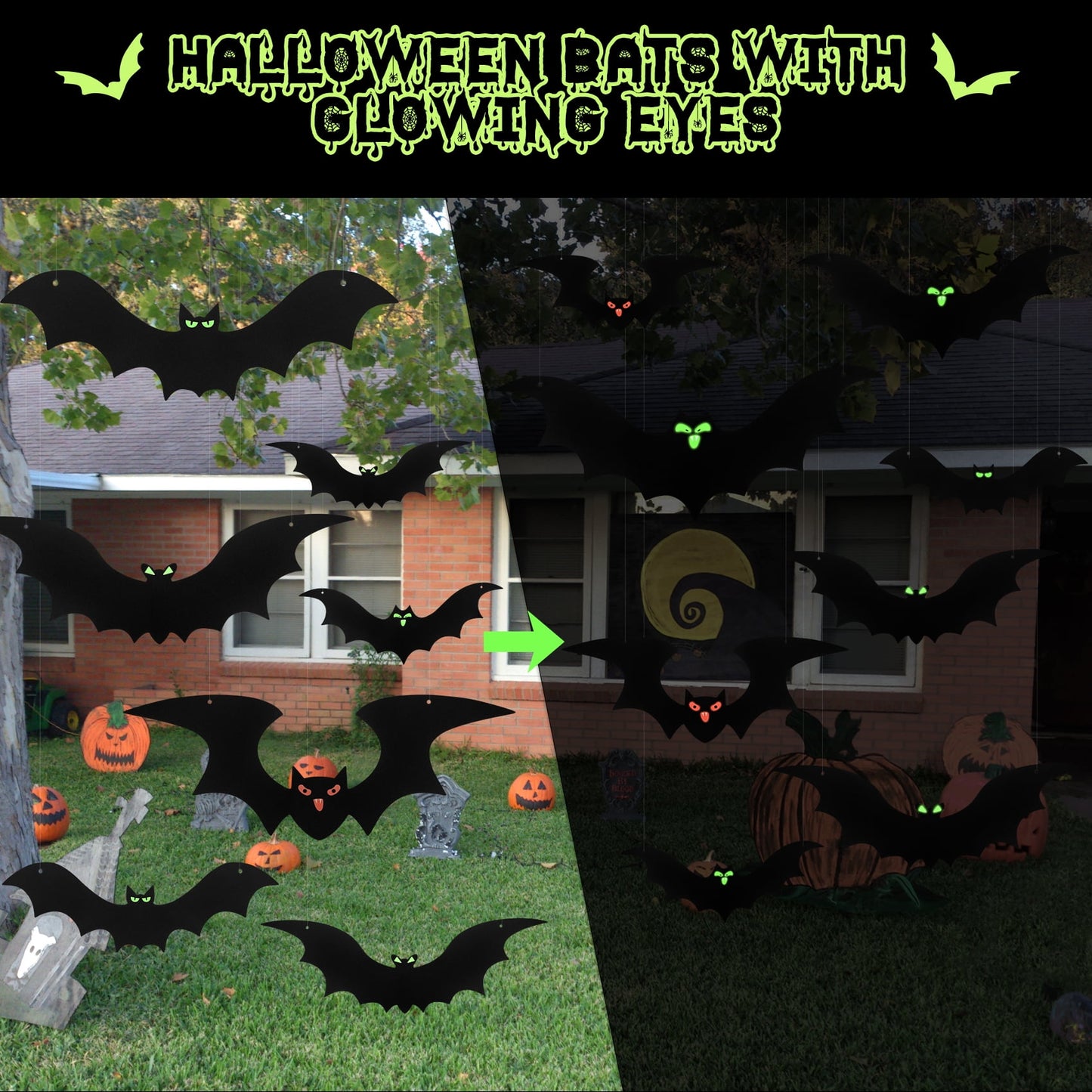 Zsiparty 24 Pack Hanging Bats Halloween Decorations Outdoor, Waterproof Black Plastic Bats 3 Different Sizes with Glowing Eyes Stickers, Bat Decorations Perfect for Halloween Hanging Tree Decor