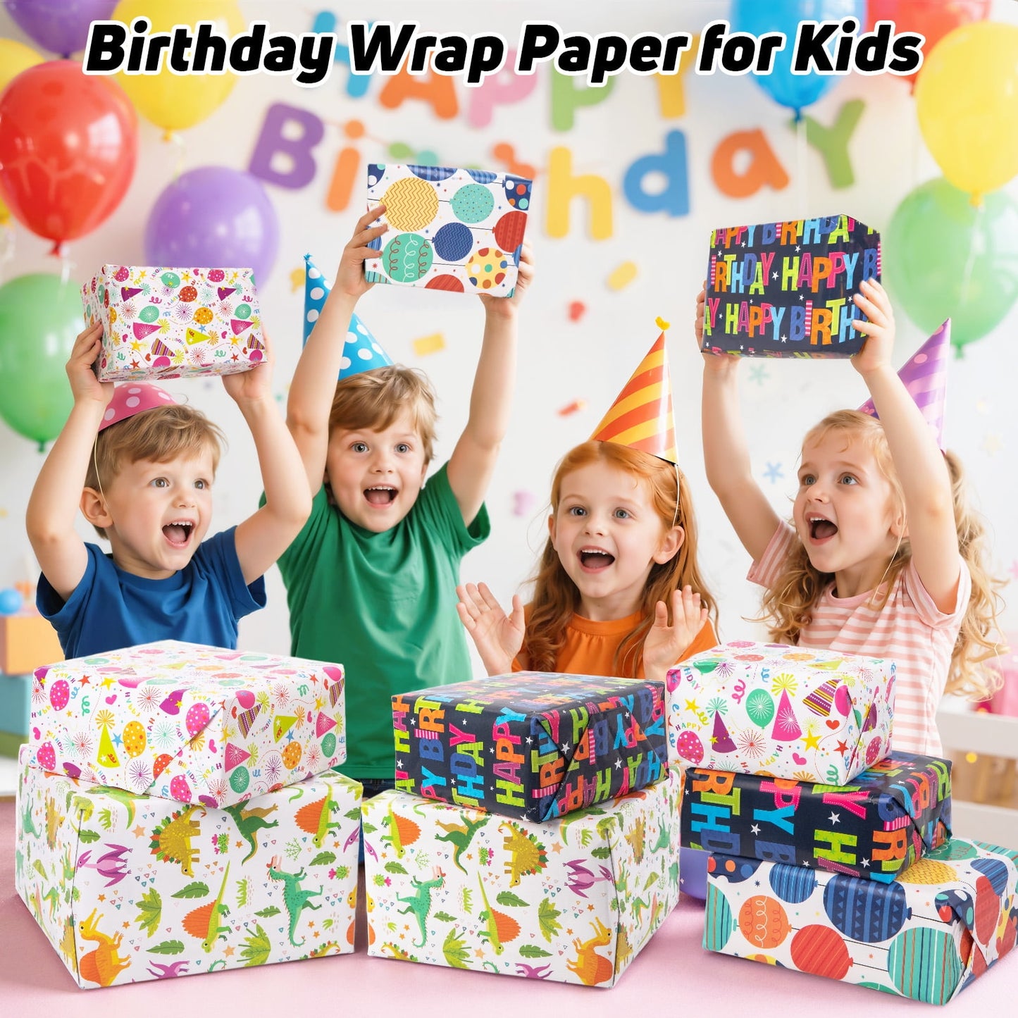 Zsiparty Birthday Wrapping Paper Rolls, 5 Rolls Gift Wrapping Supplies with Happy Birthday, Balloons, Cake, Dinosaur, Hat Pattern Design, 17 x 120 inches