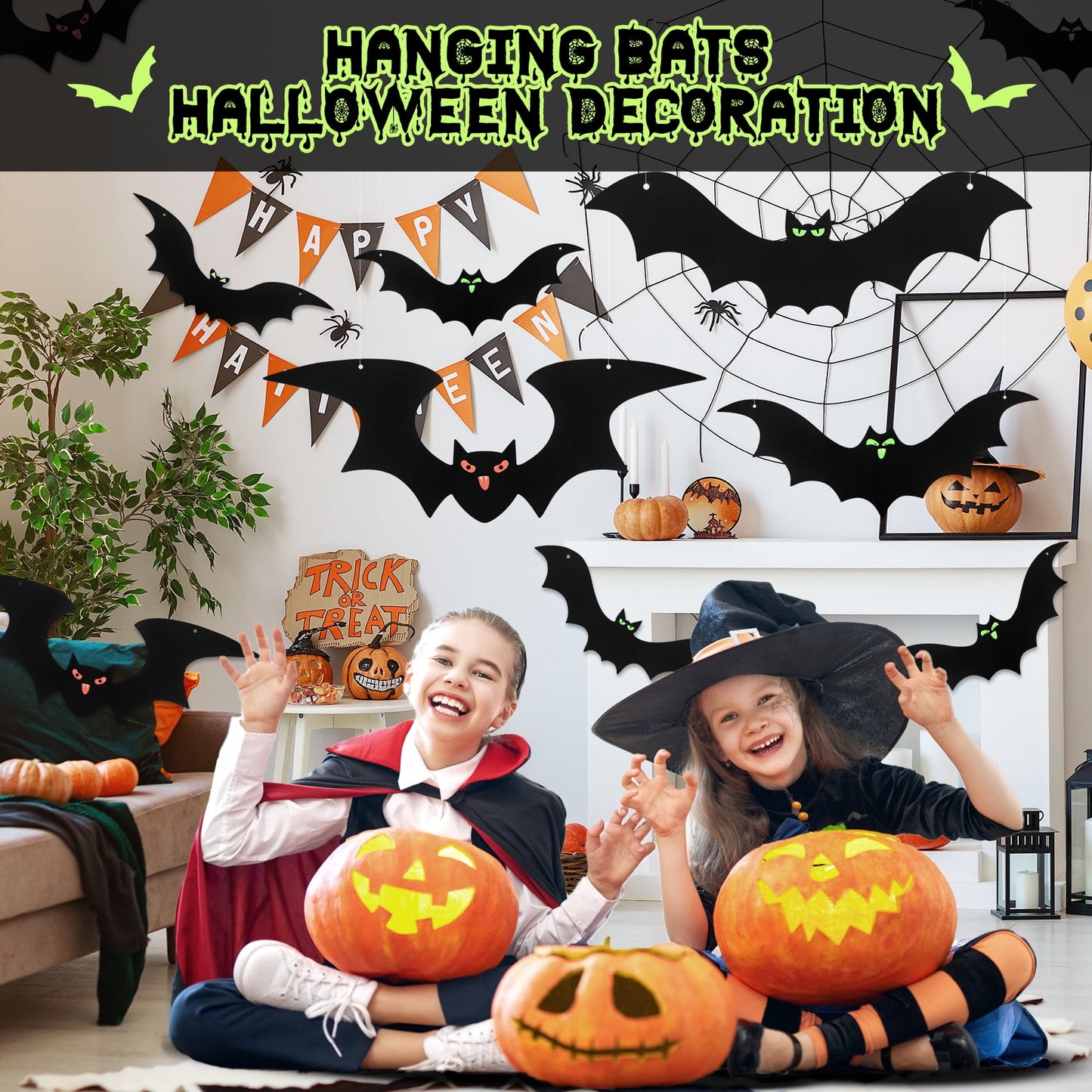 Zsiparty 24 Pack Hanging Bats Halloween Decorations Outdoor, Waterproof Black Plastic Bats 3 Different Sizes with Glowing Eyes Stickers, Bat Decorations Perfect for Halloween Hanging Tree Decor