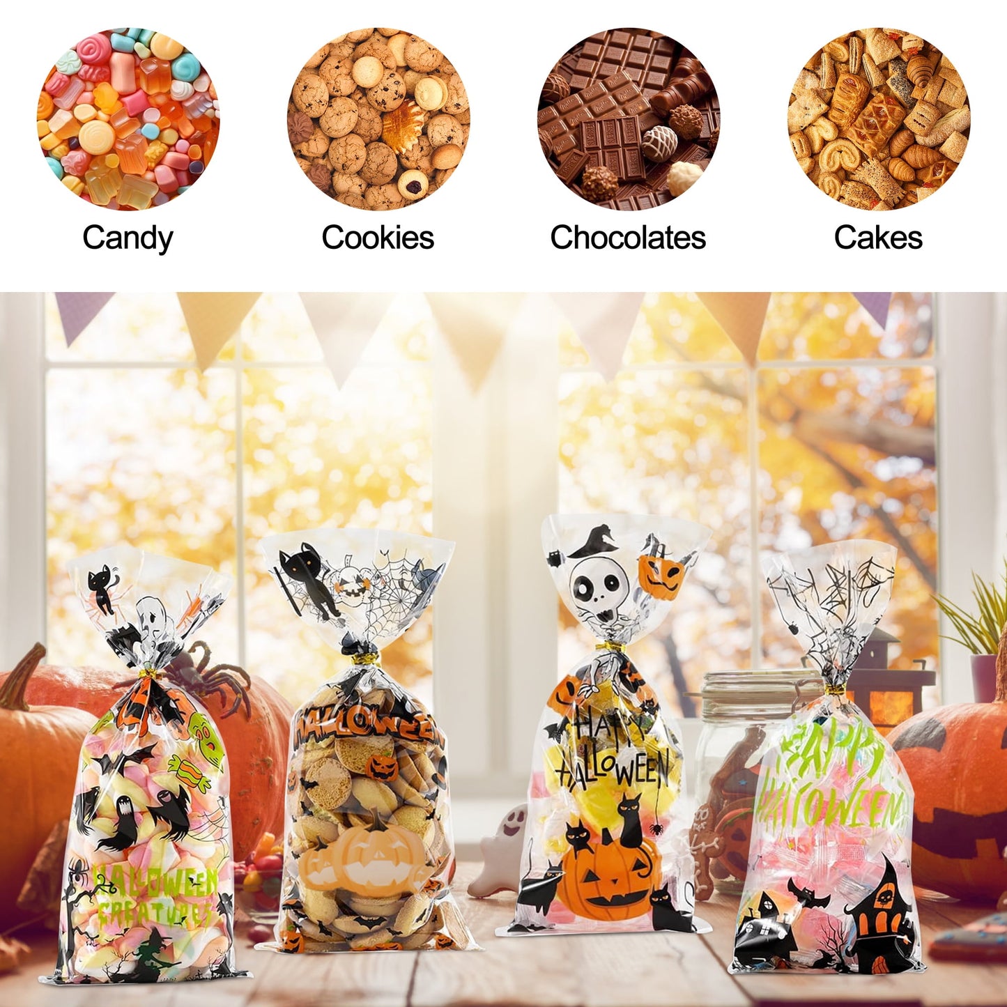 Zsiparty 200 Pcs Halloween Treat Bags, Clear Halloween Cellophane Gift Candy Bags with 220 Pcs Twist Ties for Halloween Party Favors Supplies