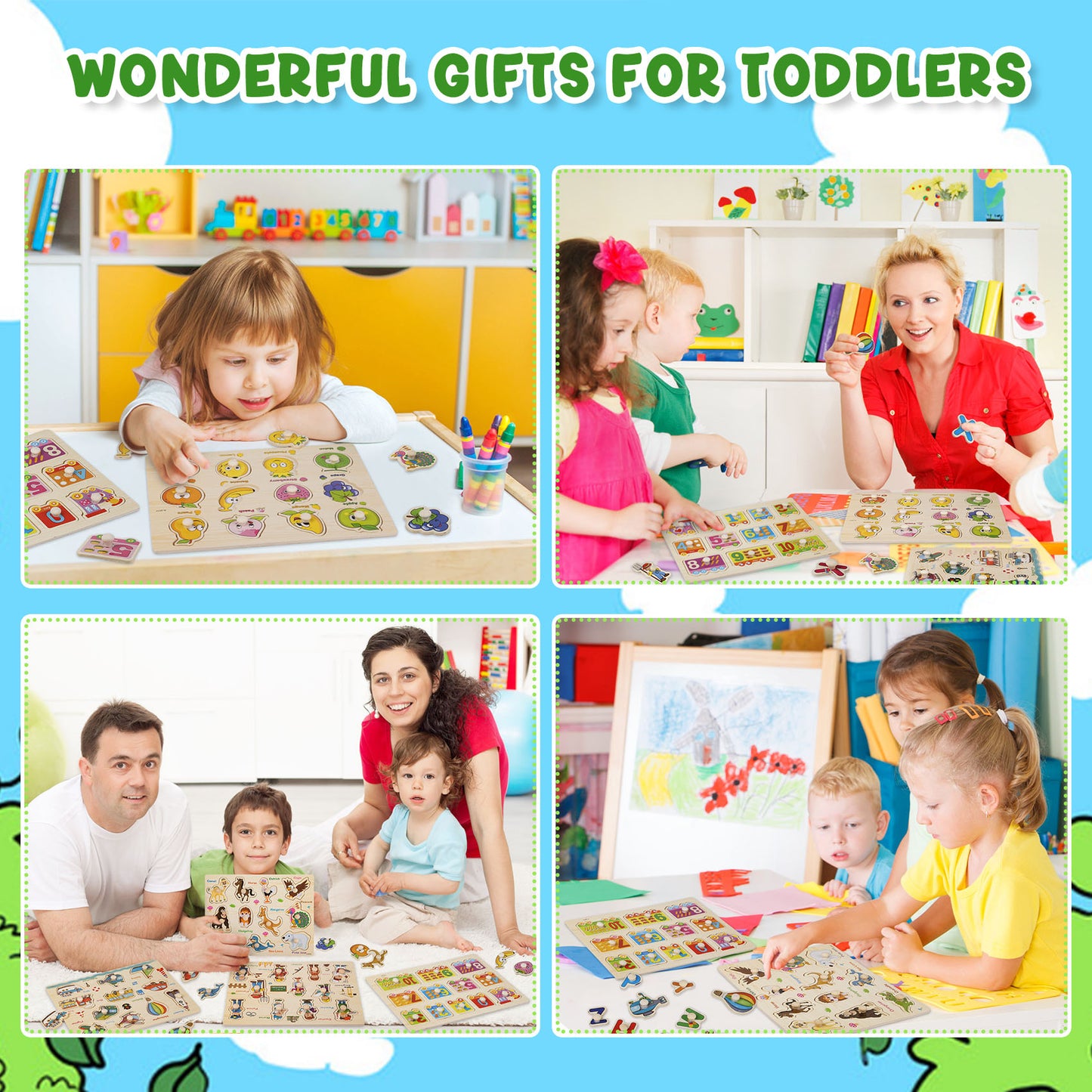 Zsiparty Wooden Peg Puzzles for Kids, 11.8 X 8.9 inch Preschool Puzzles Set for Toddlers Ages 1-3, 6 Pack Learning Toys Gifts Boys Girls