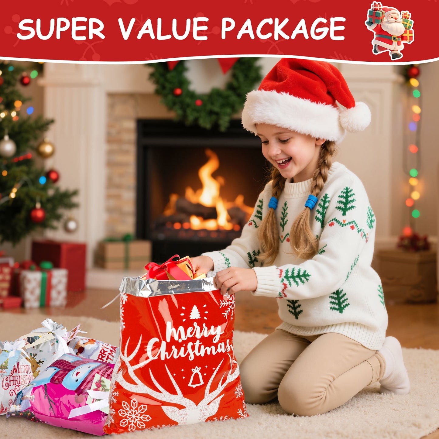 Zsiparty 38Pcs Christmas Giant Gift Bags, Jumbo Christmas Bags for Gifts, Xmas Large Plastic Gift Bags, Assorted Gift Bags Different Sizes