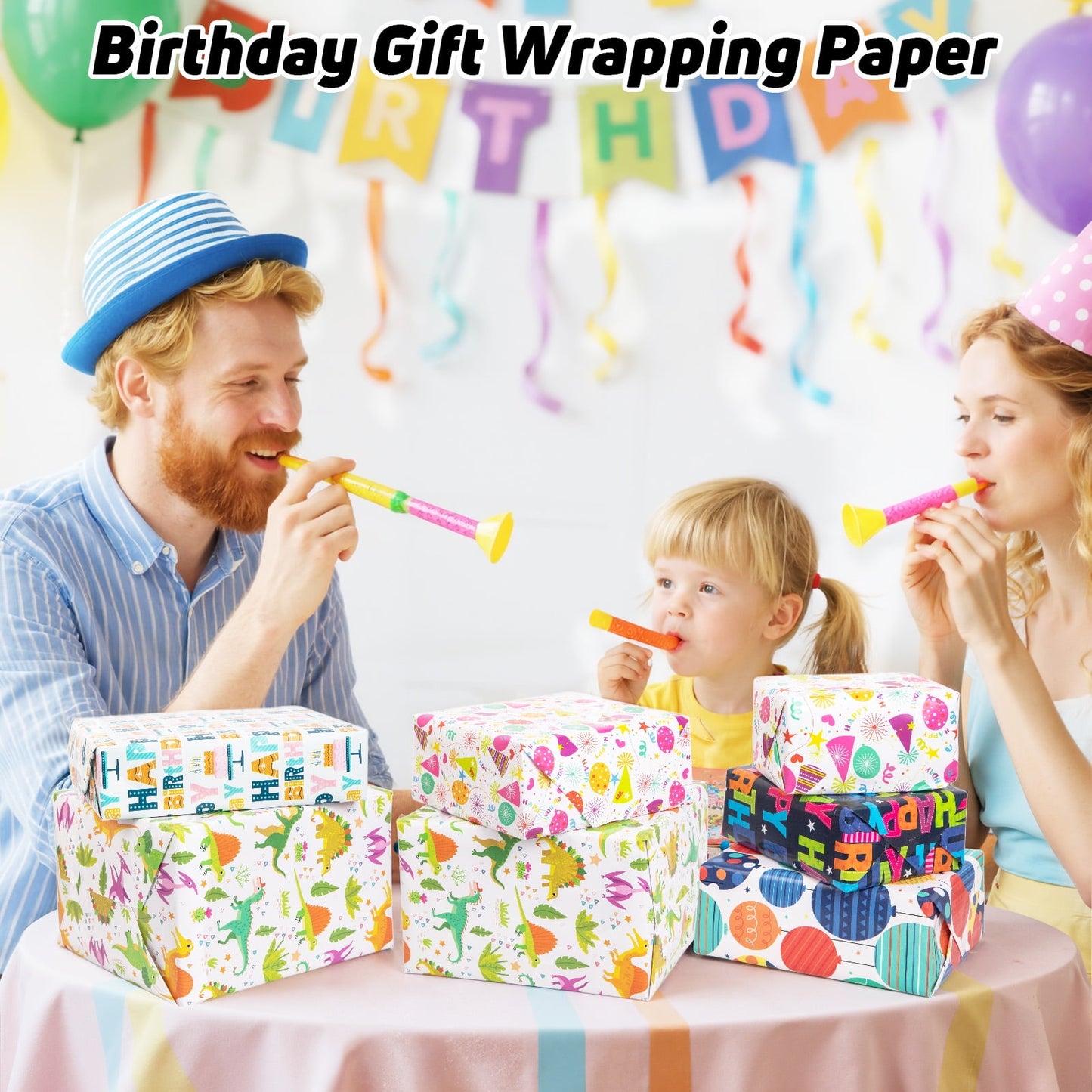 Zsiparty Birthday Wrapping Paper Rolls, 5 Rolls Gift Wrapping Supplies with Happy Birthday, Balloons, Cake, Dinosaur, Hat Pattern Design, 17 x 120 inches