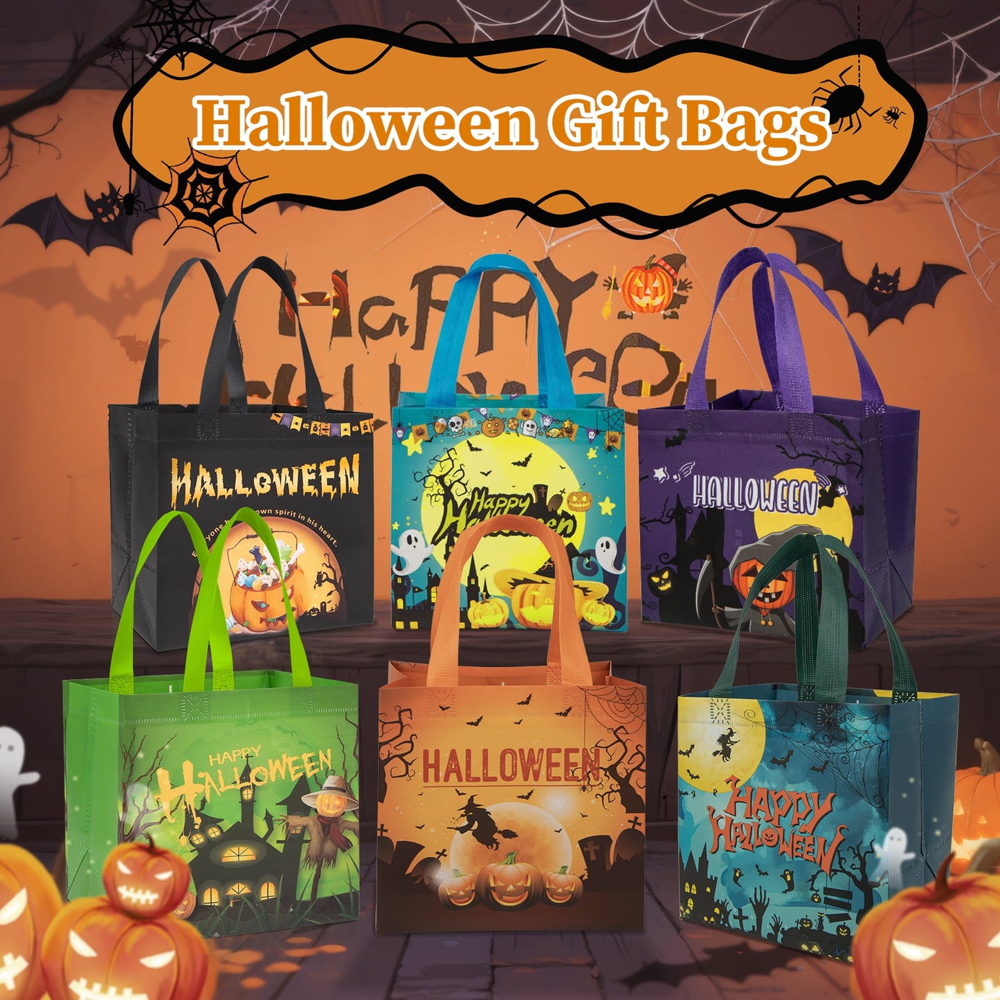Zsiparty 12 Pcs Halloween Trick or Treat Bags, Gift Bags with Handles Reusable Non-Woven Goodie Candy Bags for Halloween Party Favors Supplies (8.3×5.9×7.9’’)