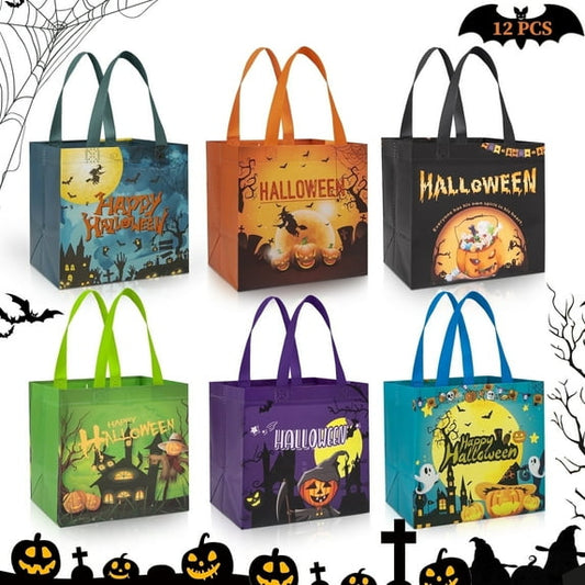 Zsiparty 12 Pcs Halloween Trick or Treat Bags, Gift Bags with Handles Reusable Non-Woven Goodie Candy Bags for Halloween Party Favors Supplies (8.3×5.9×7.9’’)