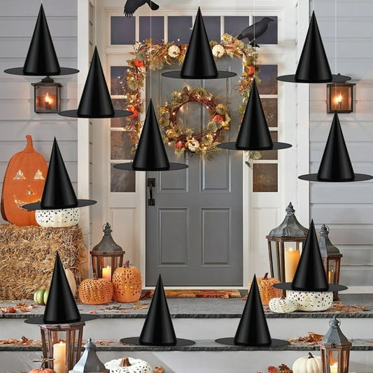 Zsiparty Halloween Black Witch Hats for Home Party Yard, 12 Pcs 15 inch Witch Hats with 328 ft Rope Hanging Halloween Decorations for Adults and Kids