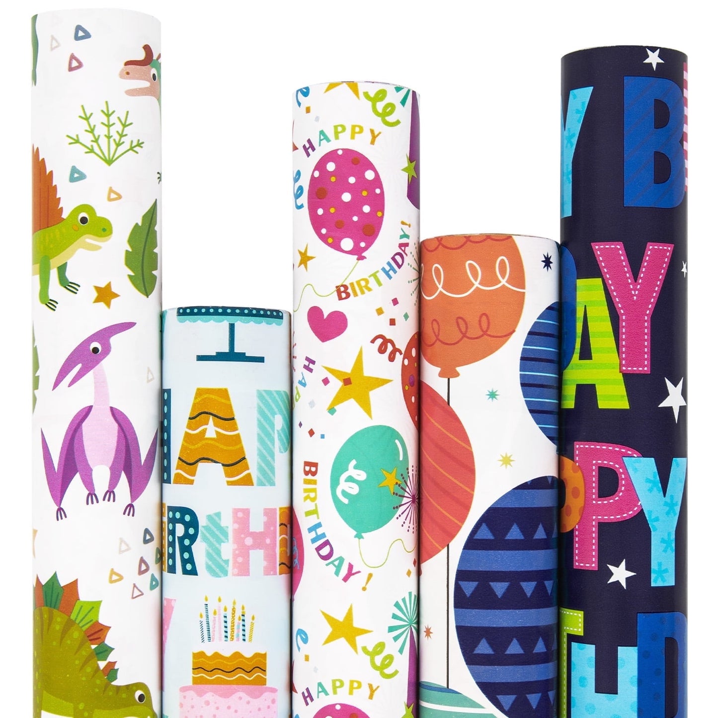 Zsiparty Birthday Wrapping Paper Rolls, 5 Rolls Gift Wrapping Supplies with Happy Birthday, Balloons, Cake, Dinosaur, Hat Pattern Design, 17 x 120 inches