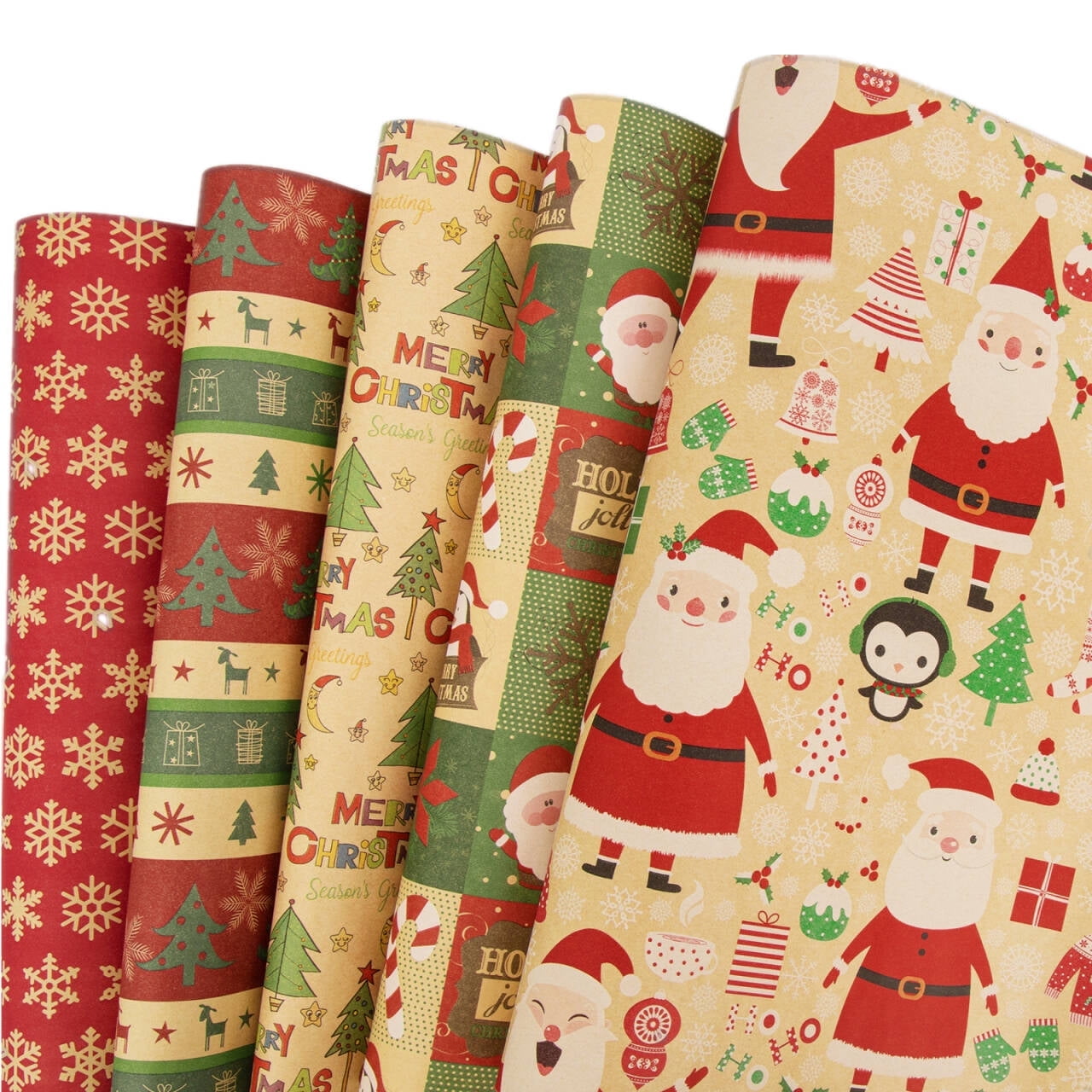 Zsiparty Christmas Wrapping Paper Rolls, 5 Rolls Gift Wrapping Supplies with Santa Claus, Snowflake, Christmas Tree Patterns Design, 17 x 120 inches