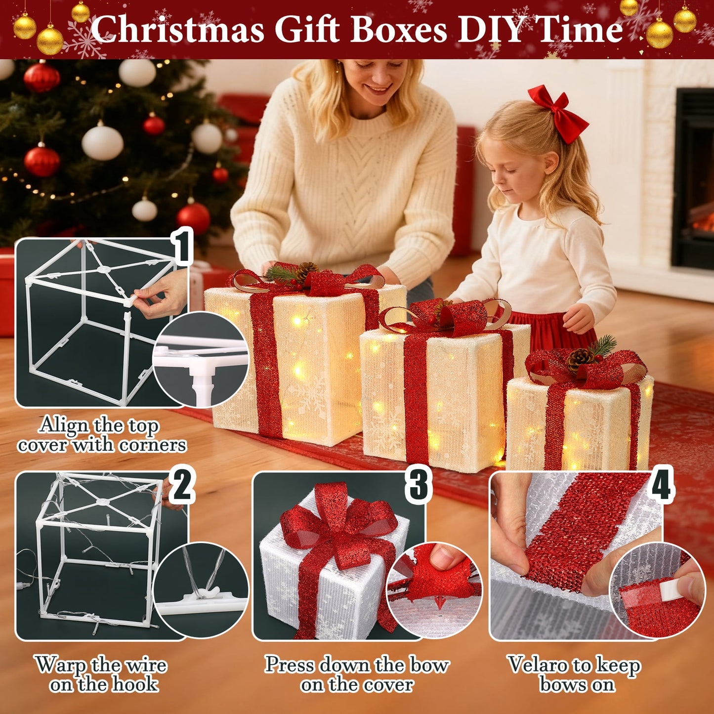 Zsiparty Set of 3 Christmas Lighted Gift Boxes, Warm White LED Light up Xmas Ornaments, Christmas Tree Decorations for Indoor Outdoor Xmas Decor