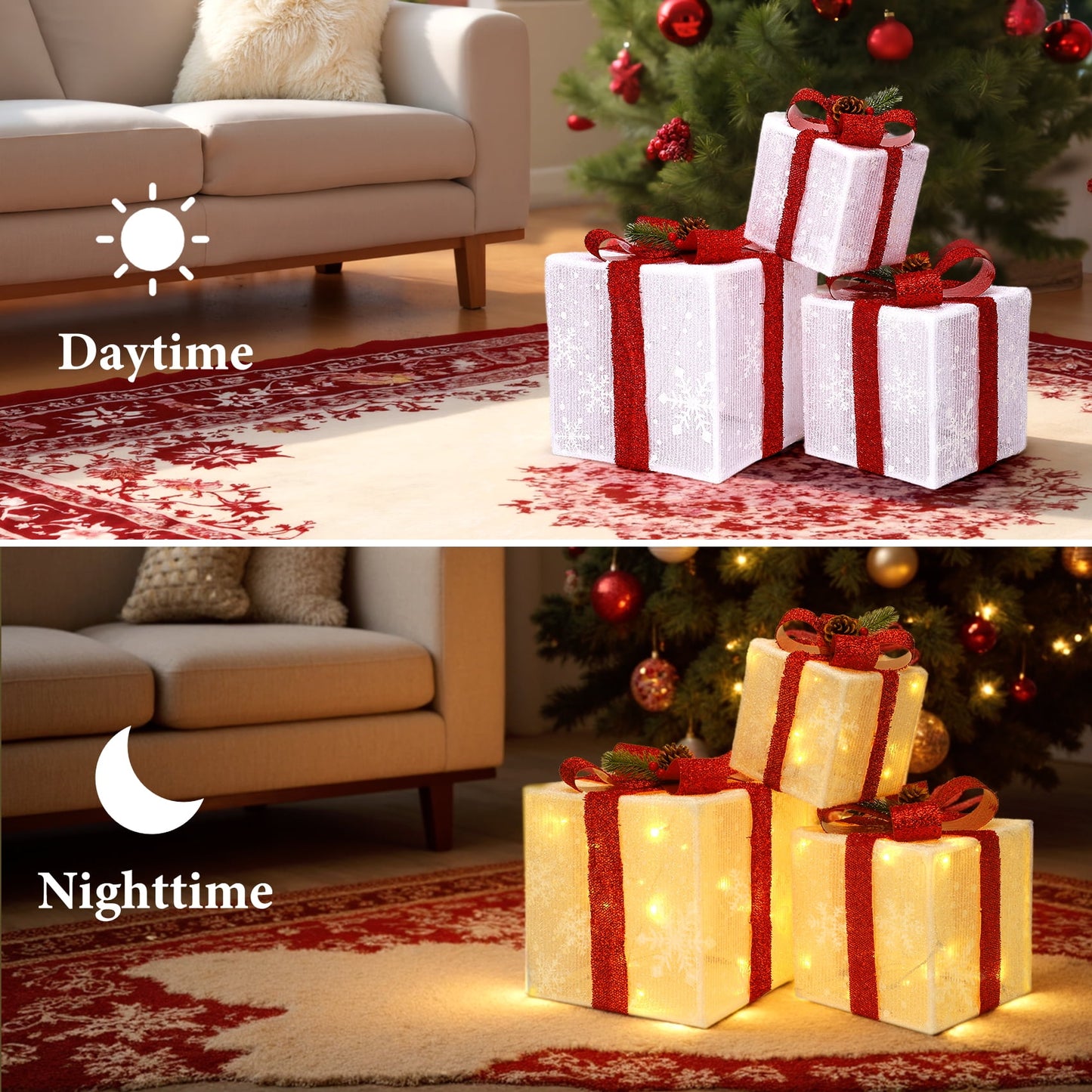 Zsiparty Set of 3 Christmas Lighted Gift Boxes, Warm White LED Light up Xmas Ornaments, Christmas Tree Decorations for Indoor Outdoor Xmas Decor