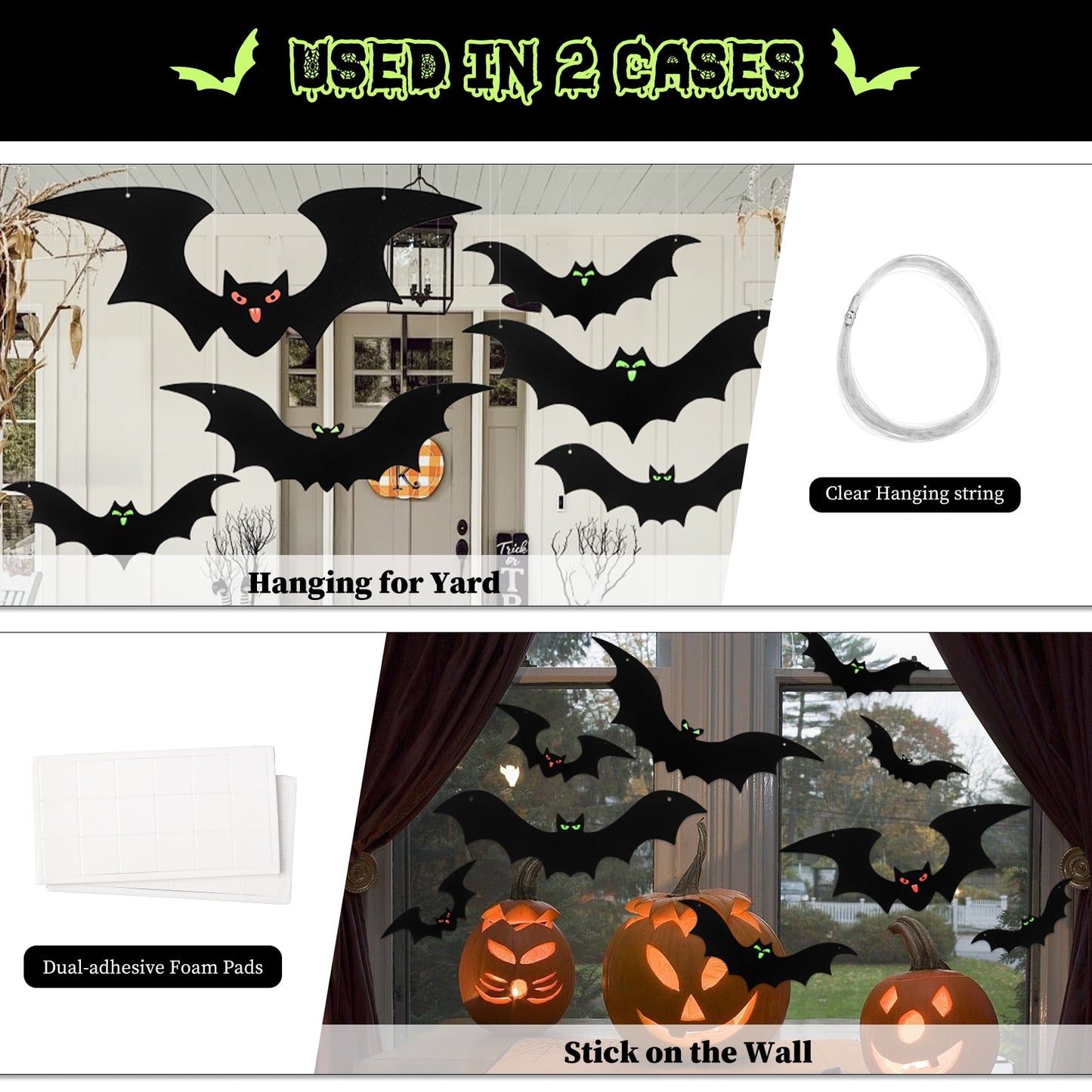 Zsiparty 24 Pack Hanging Bats Halloween Decorations Outdoor, Waterproof Black Plastic Bats 3 Different Sizes with Glowing Eyes Stickers, Bat Decorations Perfect for Halloween Hanging Tree Decor